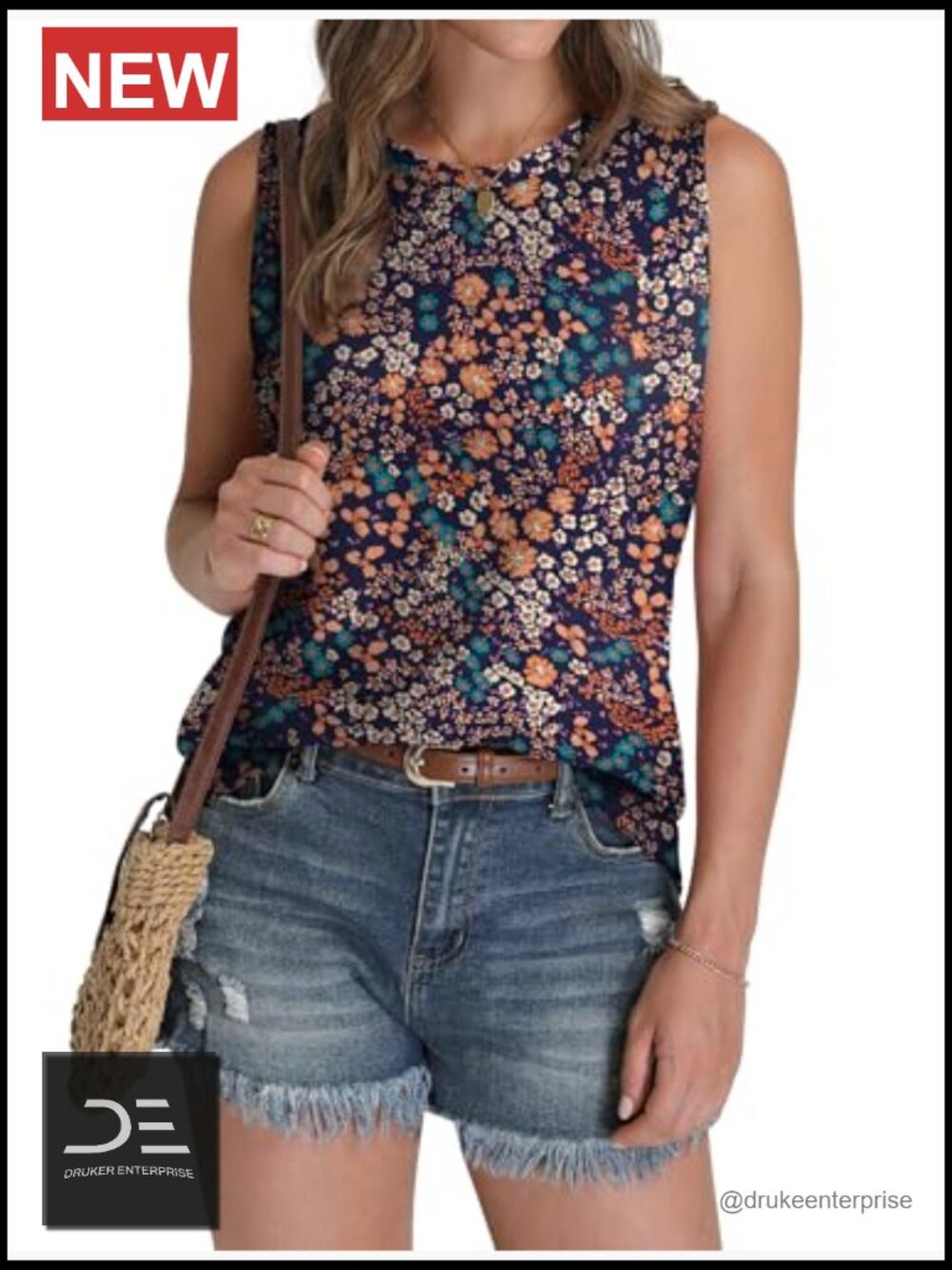 Eyelet Loose Casual Tank Top Crew Neck Sleeveless Summer Top - Picture 3 of 6